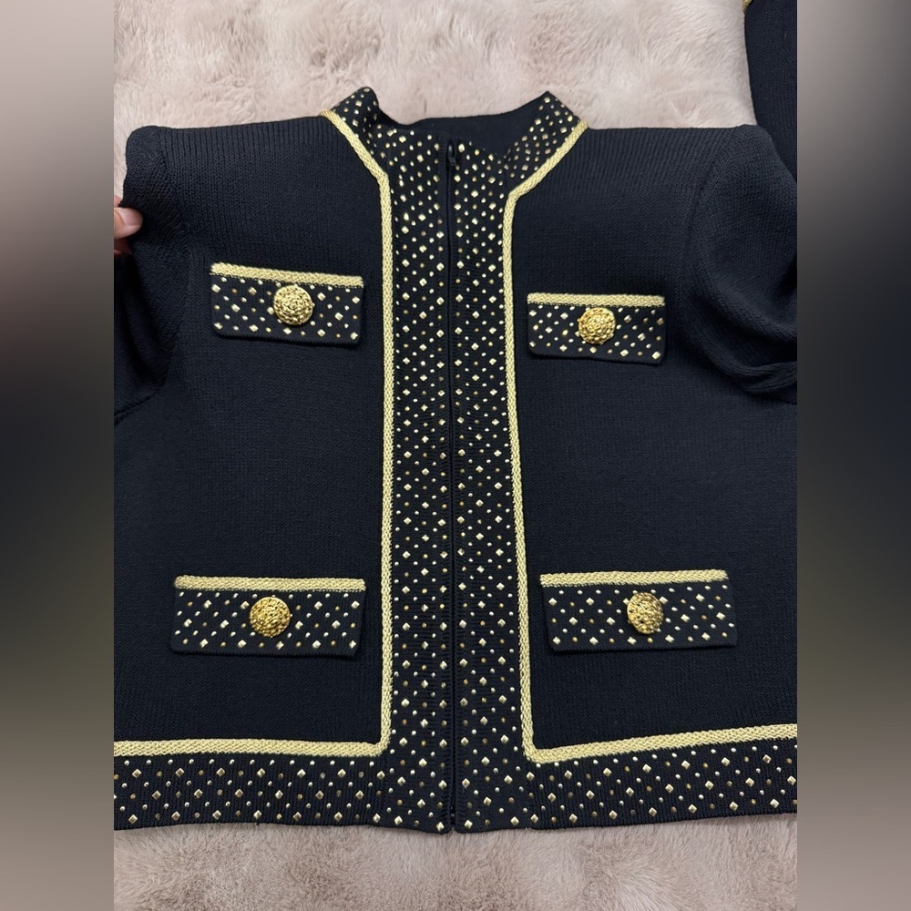 St John Evening Pants Suit Black Studded With Gold Bottons Top P Pants 2 - Picture 9 of 17